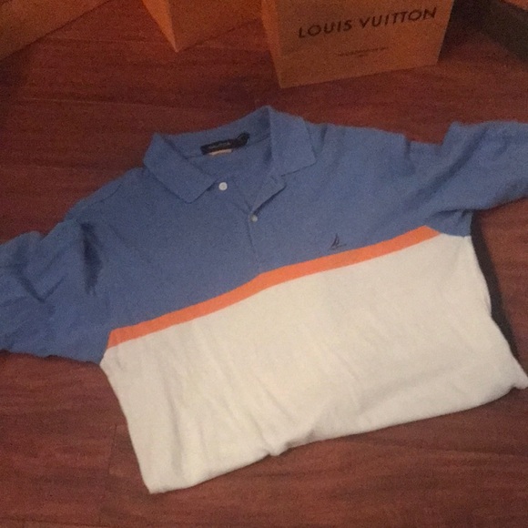 Blue and White Polo Shirt with Orange Stripe - Picture 1 of 1